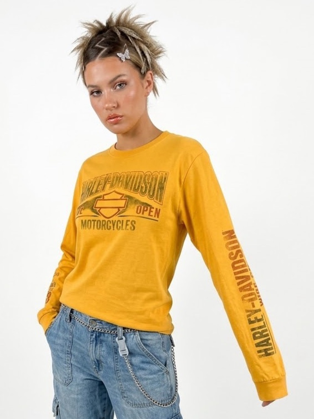 Y2K Harley Davidson Grunge Long Sleeve Tee Graphic Print Baddie Motorcycle Punk